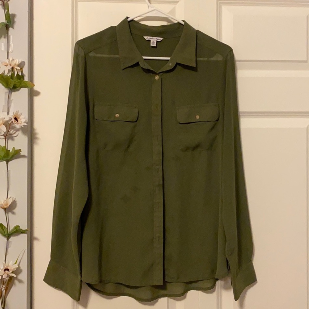 American Eagle Sheer Olive Green Long Sleeve